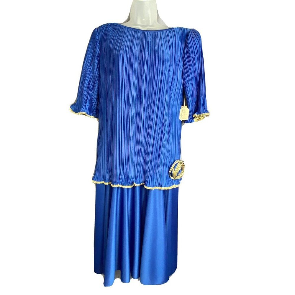 VTG 80s After Dark Evening Dress 7 8 Blue Pleated Metallic Trim Rosette USA Glam